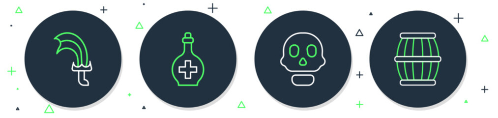 Poster - Set line Bottle with potion, Skull, Sword for game and Gun powder barrel icon. Vector