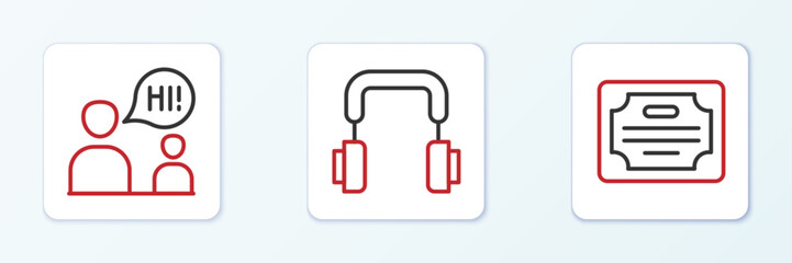 Poster - set line certificate template, two sitting men talking and headphones icon. vector