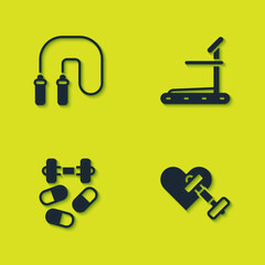 Wall Mural - Set Jump rope, Dumbbell with heart, Sports doping dumbbell and Treadmill machine icon. Vector