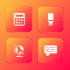 Poster - Set Calculator, USB flash drive, Earth globe and Speech bubbles with Question icon. Vector