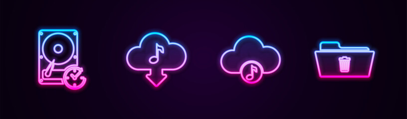 Poster - Set line Hard disk drive with clockwise, Cloud download music, Music streaming service and Delete folder. Glowing neon icon. Vector