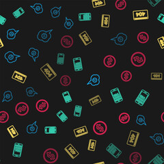 Poster - Set line Speech bubble with angry smile, Mobile Question and Exclamation, Page 404 error and Coin money dollar on seamless pattern. Vector