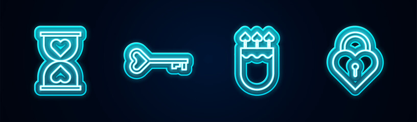 Sticker - Set line Heart in the center hourglass, Key heart shape, Quiver and arrows with and Castle of. Glowing neon icon. Vector