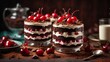 © ArtistiKa - Schwarzwald Cake, Black Forest Cake in small glass jars, biscuit layered with whipped cream and cherries, garnished with chocolate shavings. bright colored theme