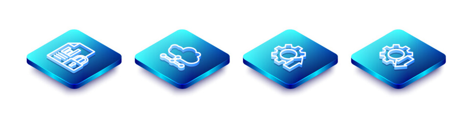 Sticker - Set Isometric line Document and lock, Network cloud connection, Arrow growth gear and Cost reduction icon. Vector