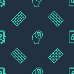 Poster - set line human head with lock, firewall, security wall and tablet closed padlock on seamless pattern