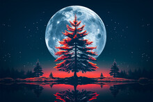Art Of Pine Tree In Front Of The Moon And Night Sky, Synthwave Symmetric Style.
