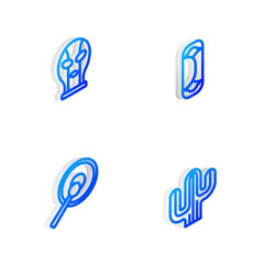 Sticker - Set Isometric line Burrito, Mexican wrestler, Gong and Cactus icon. Vector