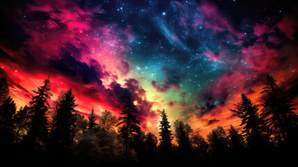 Canvas Print - Fantastic colorful sky with stars and nebula in the forest