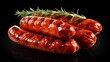 Photo of three sausages with rosemary garnish on a black background