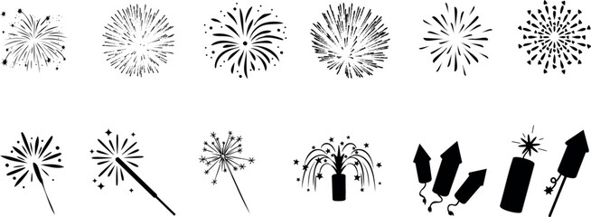 Wall Mural - fireworks, sparklers, and rockets vector set. perfect for new year’s eve, fourth of july, and other 