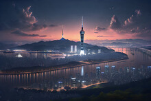 A Night View Of Seoul With The Han River, Namsan Tower, 63 Building, And LG Twin Towers.