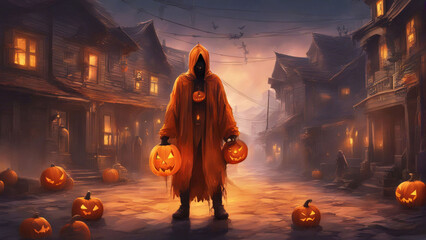 Wall Mural - A hooded man walking on a street holding pumpkins during halloween.