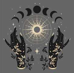 Wall Mural - magical moon phases, sun and woman hands. gold and black colors. alchemy esoteric magic space, vecto
