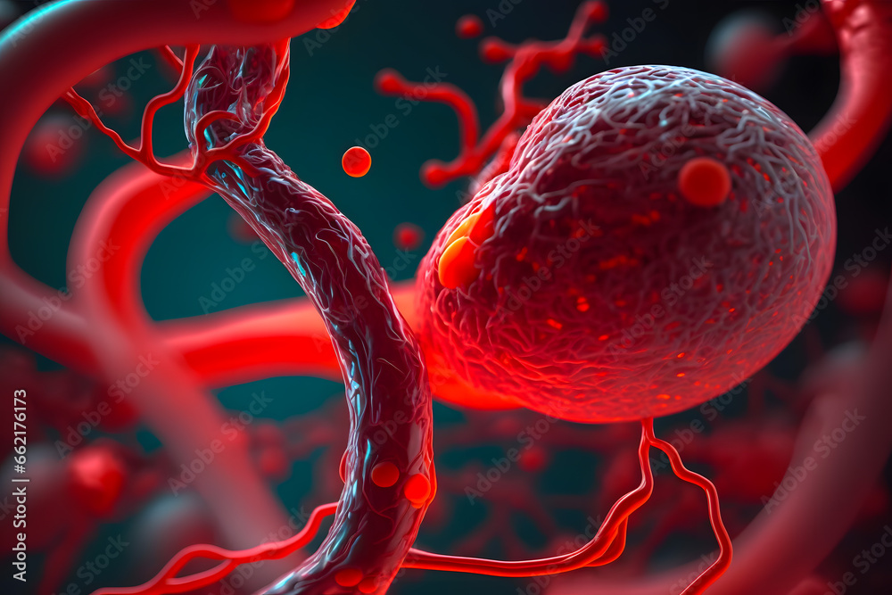 Blood vessel with an enlarged ball filled with blood, blood. A ...