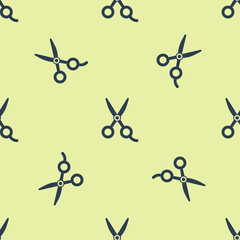 Wall Mural - Blue Scissors hairdresser icon isolated seamless pattern on yellow background. Hairdresser, fashion salon and barber sign. Barbershop symbol. Vector