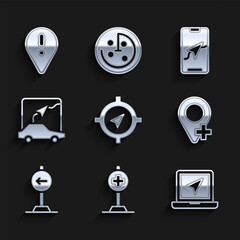 Sticker - Set Compass, Location with cross hospital, Laptop location marker, Traffic sign turn left, City map navigation, and exclamation icon. Vector