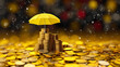 An umbrella and coins symbolize insurance, like a shield against unexpected expenses, keeping your finances safe and dry when life rains down challenges.