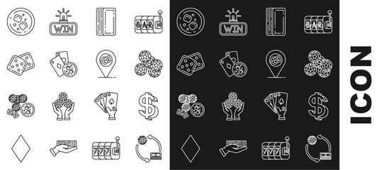 Sticker - Set line Casino chips exchange on stacks of dollars, Dollar symbol, Deck playing cards, Playing and glass whiskey with ice cubes, Game dice, Glass and location icon. Vector