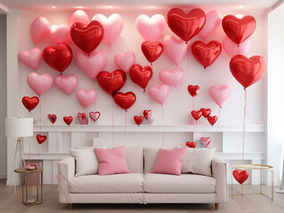 living room decorated with heart shaped balloons for romantic party
