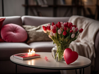 living room decorated with heart shaped balloons for romantic party