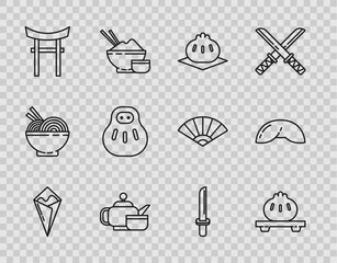 Wall Mural - Set line Temaki roll, Dumpling on cutting board, Khinkali, Japanese tea ceremony, Gate, Maneki neko cat, katana and Chinese fortune cookie icon. Vector