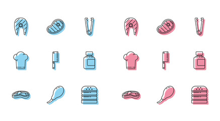 Sticker - Set line Steak meat, Chicken leg, Fish steak, Burger, Meat chopper, Sauce bottle, Chef hat and icon. Vector