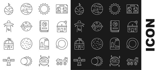 Wall Mural - Set line Mars rover, Satellites orbiting the planet Earth, Astronomical observatory, Sun, Planet Venus, Moon with flag and Book by astronomy icon. Vector