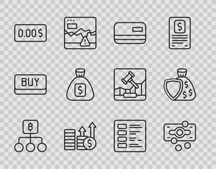 Canvas Print - Set line Blockchain technology Bitcoin, Stacks paper money cash, Credit card, Financial growth and dollar, Zero cost, Money bag, Business finance report and Shield icon. Vector