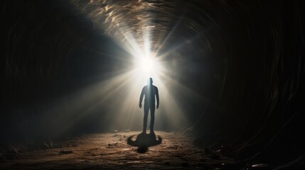 Canvas Print - A person stepping out of a dark tunnel into the light