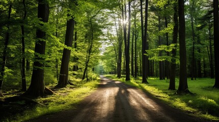 Fototapeta a quiet forest path with dappled sunlight