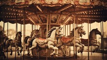 A Sepia-toned Image Of An Old Carousel With Hand-painted Horses