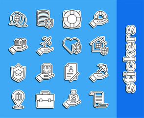 Sticker - Set line Document with shield, Umbrella in hand, House, Lifebuoy, Plane, Location and insurance icon. Vector