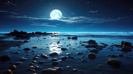 Wall Mural - Moonlight over the sea and rocks at night