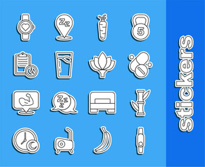 Poster - Set line Smartwatch, Bamboo, Vitamin pill, Carrot, Glass with water, Sport training program, and Lotus flower icon. Vector