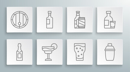 Wall Mural - Set line Champagne bottle, Wine, Cocktail, Glass of beer, shaker, Beer and can, Bottle vodka with glass and Wooden barrel icon. Vector