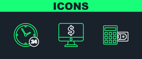 Poster - Set line Calculator with dollar symbol, Clock 24 hours and Computer monitor icon. Vector