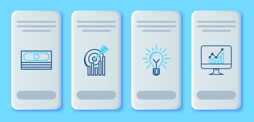 Fototapete - Set line Target with graph chart, Light bulb rays shine and concept of idea, Stacks paper money cash and Computer monitor icon. Vector