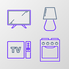 Poster - Set line Oven, TV box receiver and player with remote controller, Table lamp and Smart Tv icon. Vector