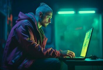 Poster - Male cyberpunk working on laptop. Technology programmer using internet network. Generate ai
