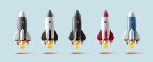 Modern Realistic Set Of Rocket 3d. Spaceship Start Up Launch. Creative Concept Idea Metaphor, Different Colour With Flame