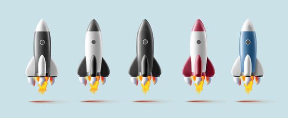 Modern realistic set of rocket 3d. Spaceship start up launch. Creative concept idea metaphor, different colour with flame