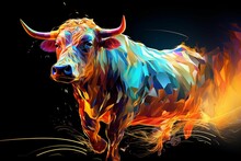 AI Generated Illustration Of A Cow In Vibrant Colors On A Dark Background