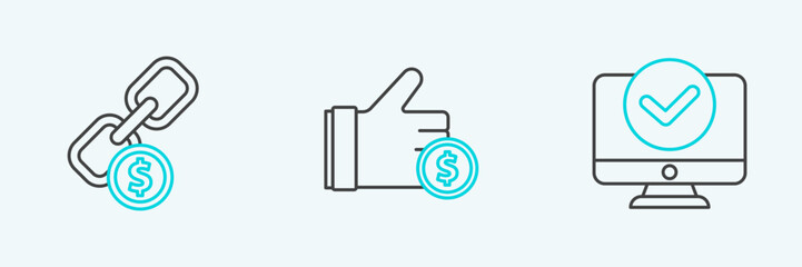 Aufkleber - Set line Computer monitor, Chain link and coin and Hand holding icon. Vector