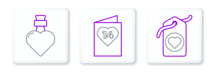 Wall Mural - Set line Heart tag, Bottle with love potion and Valentines day flyer heart icon. Vector