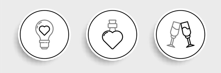 Poster - Set line Glass of champagne, Heart shape in light bulb and Bottle with love potion icon. Vector