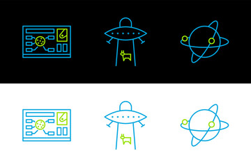 Sticker - Set line Satellites orbiting the planet Earth, Futuristic hud interface and Planet icon. Vector