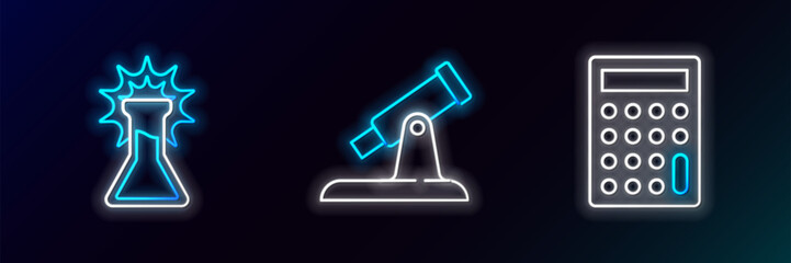 Fototapete - Set line Calculator, Test tube and flask and Telescope icon. Glowing neon. Vector