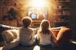deux jeunes enfants vue de dos en train de regarder une programme à la télévision dans leur chambre sur grand écran