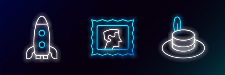 Poster - Set line Man hat, Rocket ship and Postal stamp icon. Glowing neon. Vector